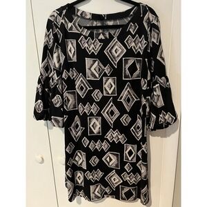 Lapis Women's Dress M Medium Black White Diamond Pattern Geometric Bubble Sleeve
